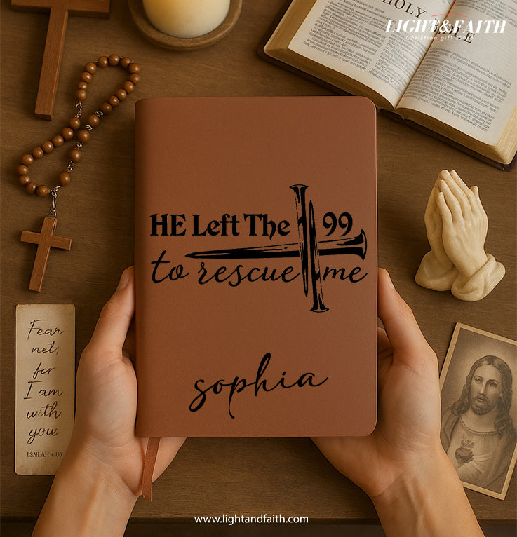 Personalized Christian Journal with "He Left The 99 to rescue me", Custom Name Prayer & Faith Notebook, Religious Gift, First Communion Gifts, Birthday. NBLAF49